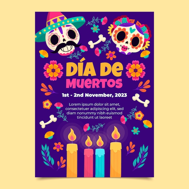 Flat vertical poster template for dia de muertos celebration