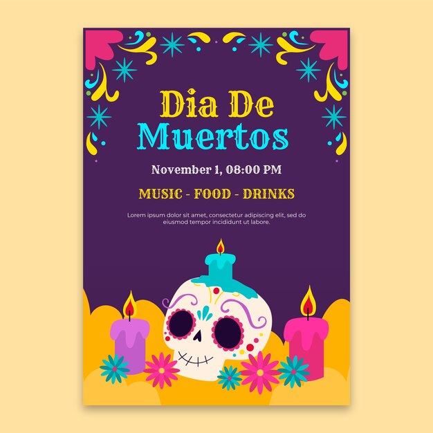 Flat vertical poster template for dia de muertos celebration