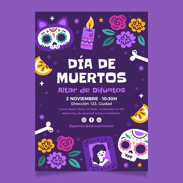 Flat vertical poster template for dia de muertos celebration