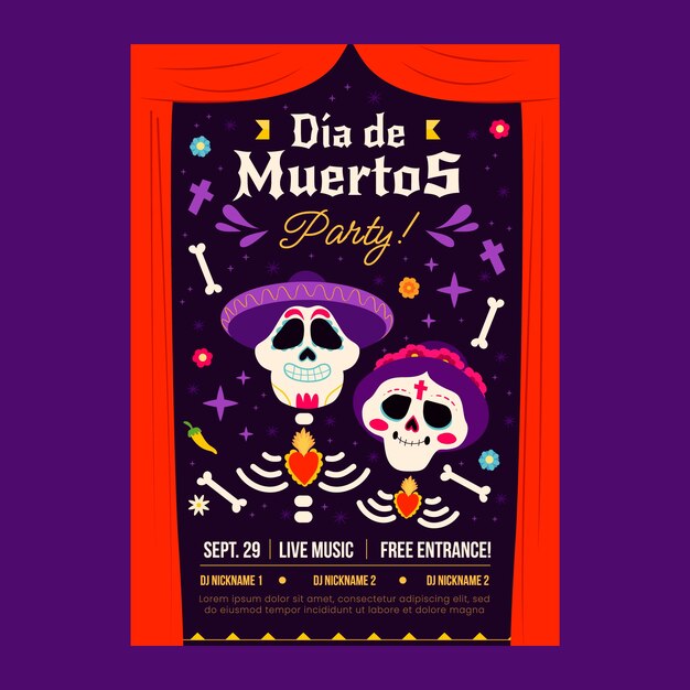 Flat vertical poster template for dia de muertos celebration