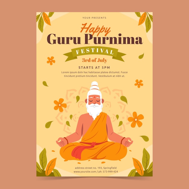 Flat vertical poster template for guru purnima worship