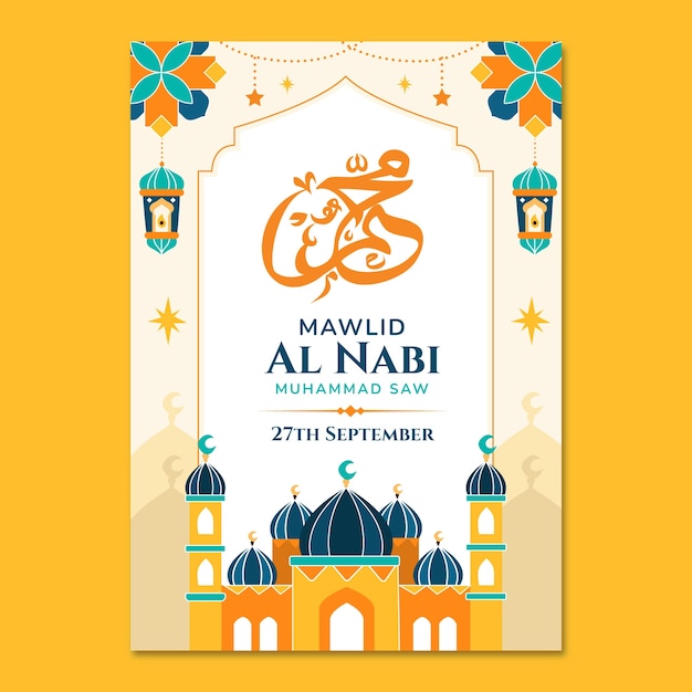 Flat vertical poster template for mawlid al-nabi celebration