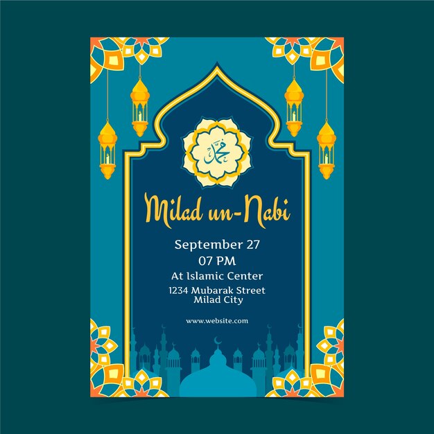 Flat vertical poster template for mawlid al-nabi celebration