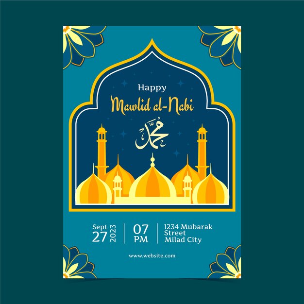 Flat vertical poster template for mawlid al-nabi celebration