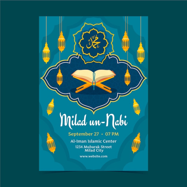 Flat vertical poster template for mawlid al-nabi celebration