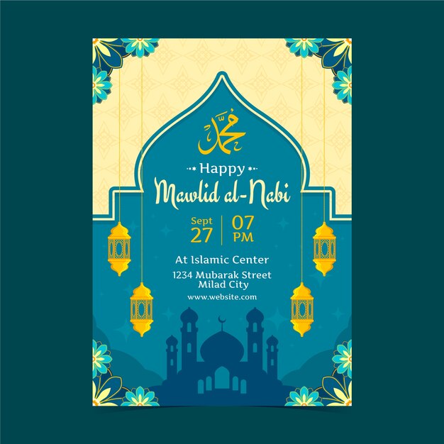 Flat vertical poster template for mawlid al-nabi celebration