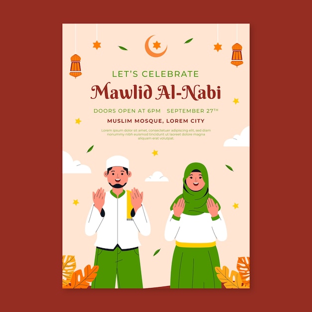 Flat vertical poster template for mawlid al-nabi