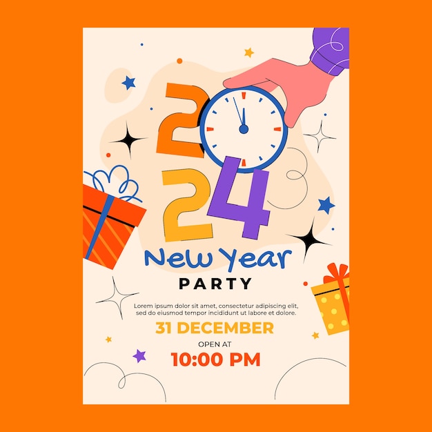 Flat vertical poster template for new year 2024 with hand holding clock and presents