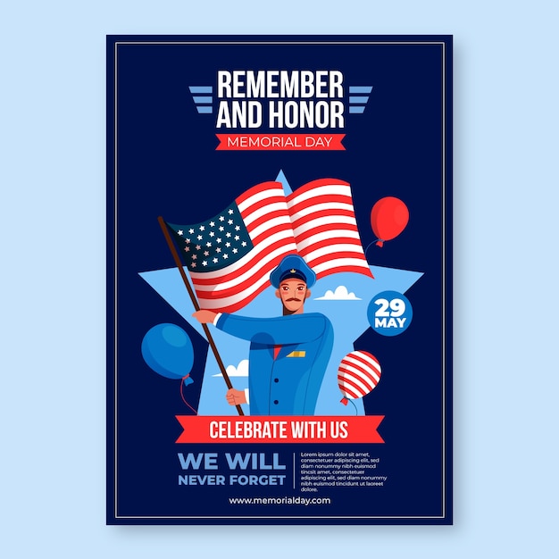 Free vector flat vertical poster template for usa memorial day celebration