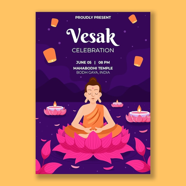 Flat vertical poster template for vesak festival celebration