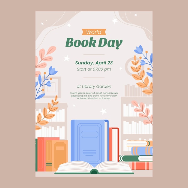 Flat vertical poster template for world book day celebration