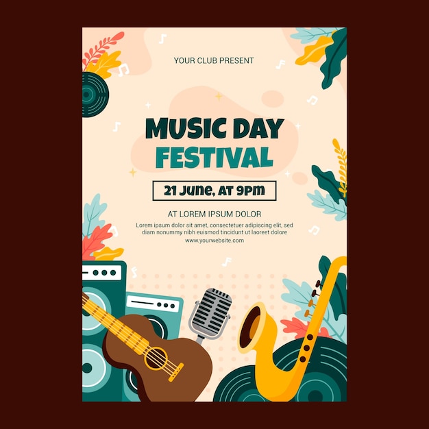 Flat vertical poster template for world music day celebration