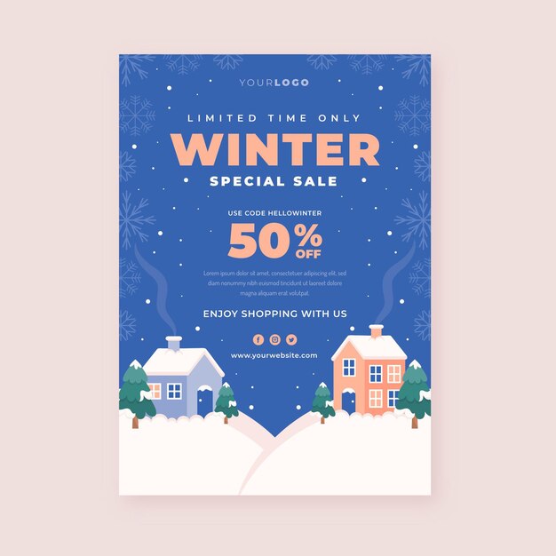 Flat vertical winter sale poster template