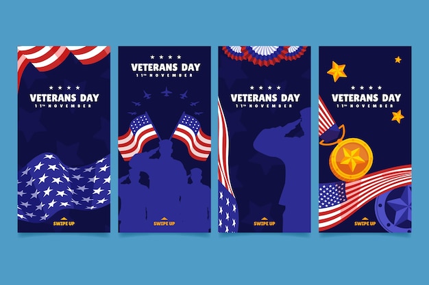 Free vector flat veteran's day instagram stories collection