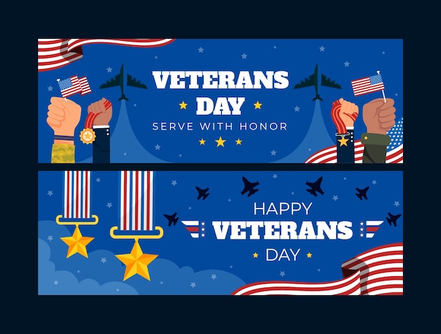 Flat veterans day horizontal banners set