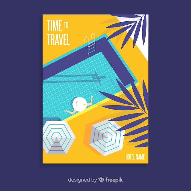 Flat vintage travel poster with pool