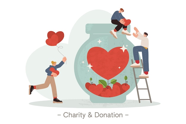 Free Vector flat volunteers collecting red hearts in jar for donation and charity