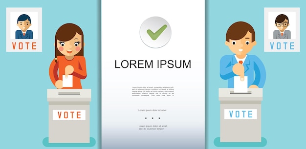 Flat voting process colorful template with people putting paper ballots into different election boxes