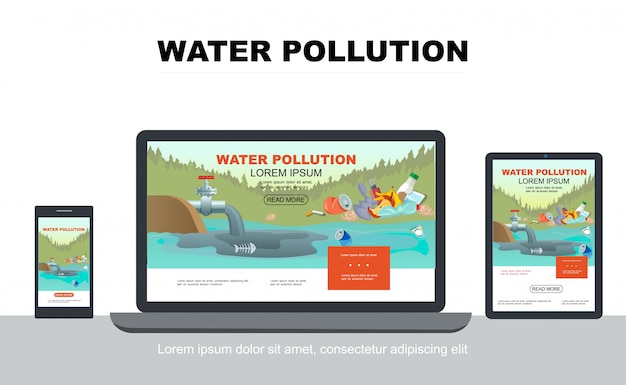 Free Vector flat water pollution adaptive design concept with industrial waste in pond and garbage on coast on laptop mobile tablet screens isolated 