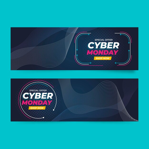 Flat wavy cyber monday horizontal banners set