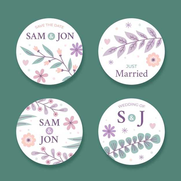 Flat wedding labels collection with leaves