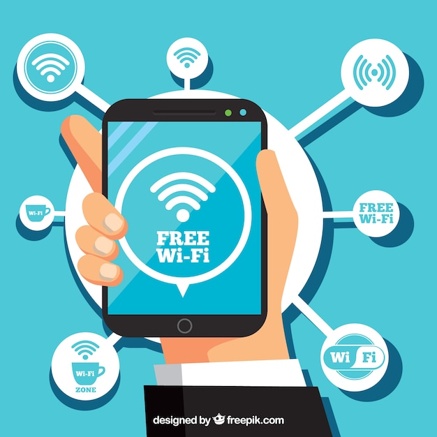 Free Vector flat wifi background of hand with mobile phone