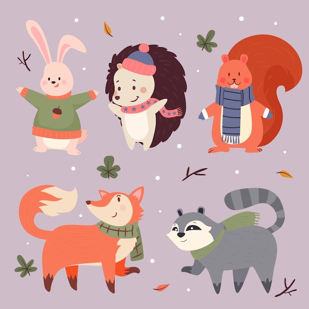 Flat winter animals collection