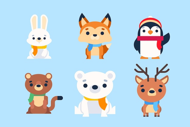 Flat winter animals collection