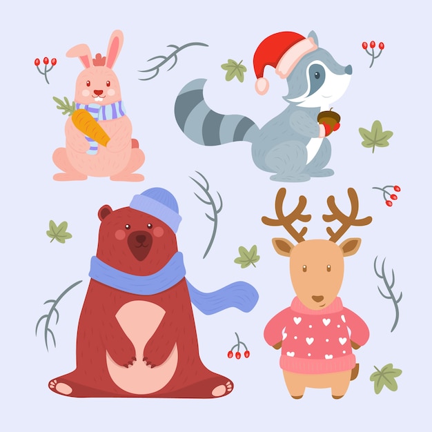 Flat winter animals collection