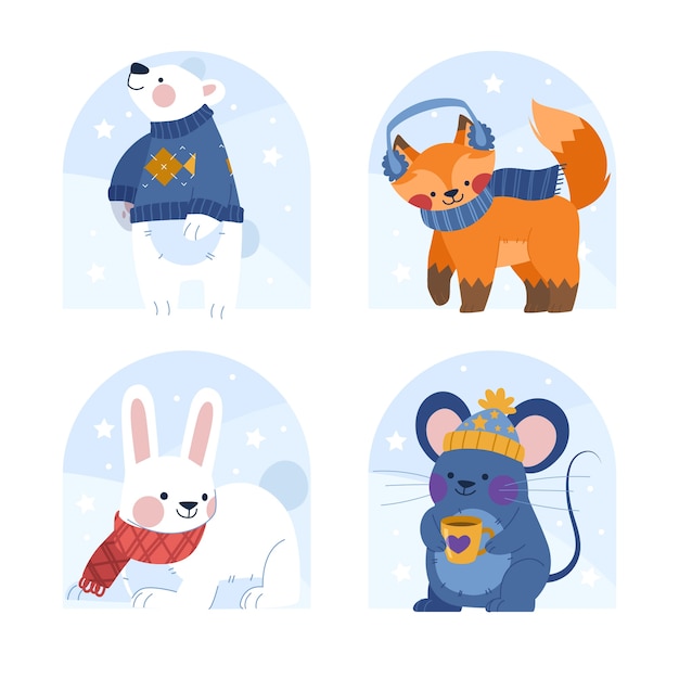 Flat winter animals collection