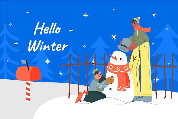 Flat winter background with people building a snowman