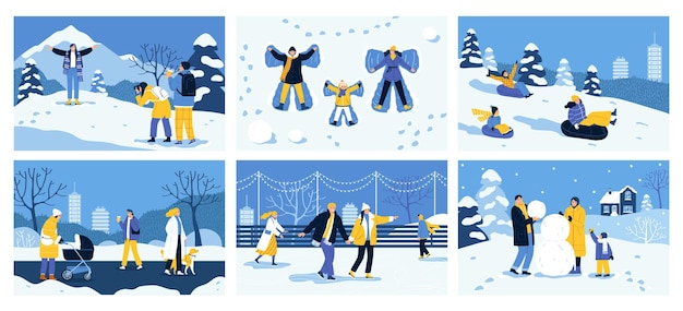 Free Vector flat winter holiday set of horizontal posters with happy people spending time outdoors walking skating making snowman taking photo isolated vector illustration