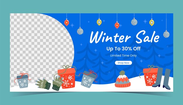 Flat winter horizontal sale banner template with presents and ornaments