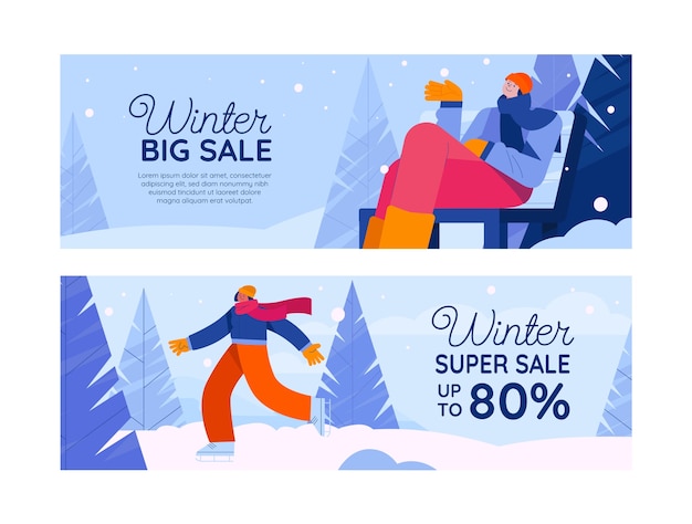 Flat winter horizontal sale banners set