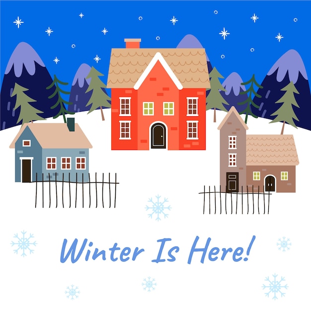 Flat winter illustration with houses and snow