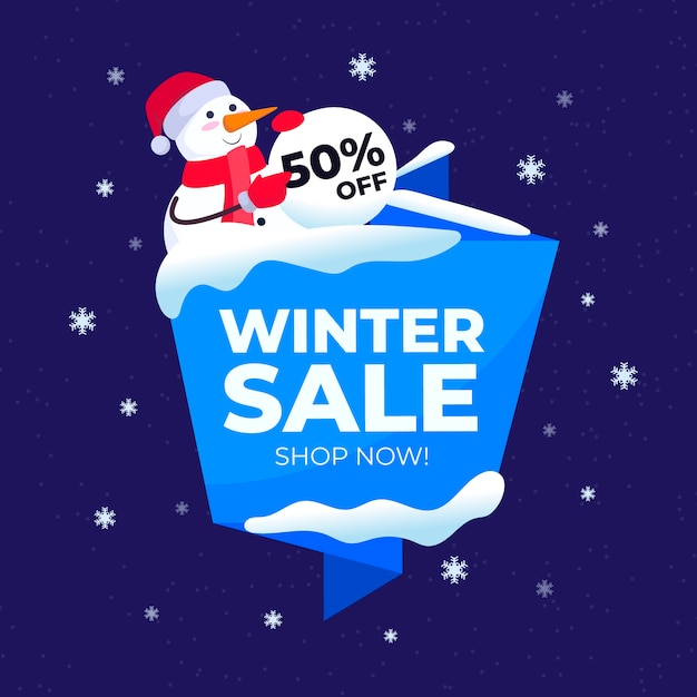 Free Vector flat winter sale with snowman with santa's hat