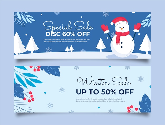 Flat winter season celebration horizontal sale banners set