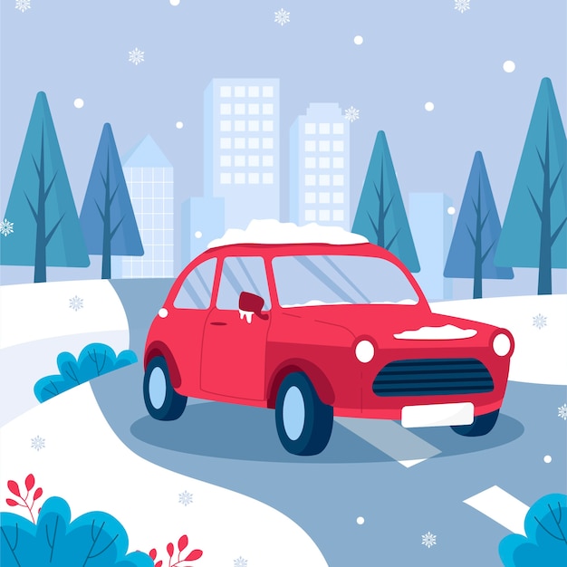 Free vector flat winter season snow car illustration