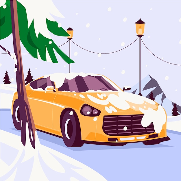 Flat winter snow car illustration