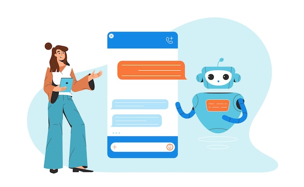 Flat woman chatting with chatbot communicating AI robot assistant