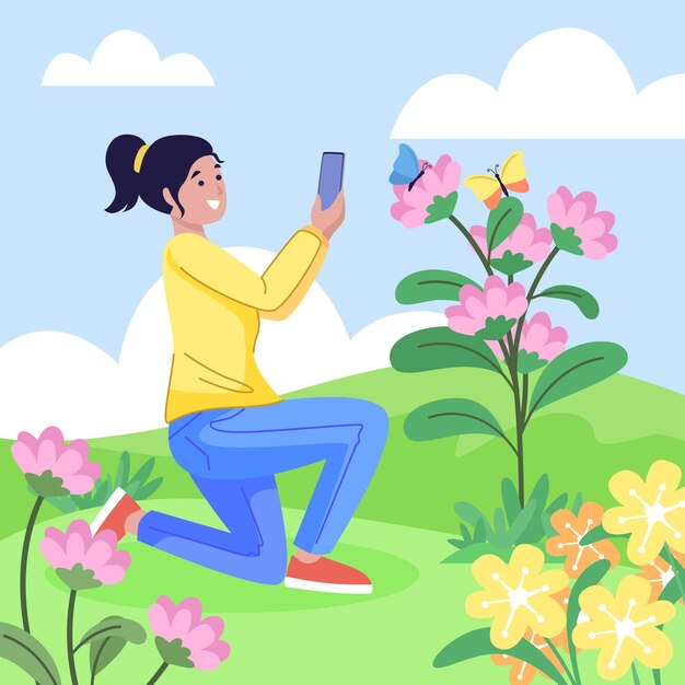 Flat woman taking flowers photos