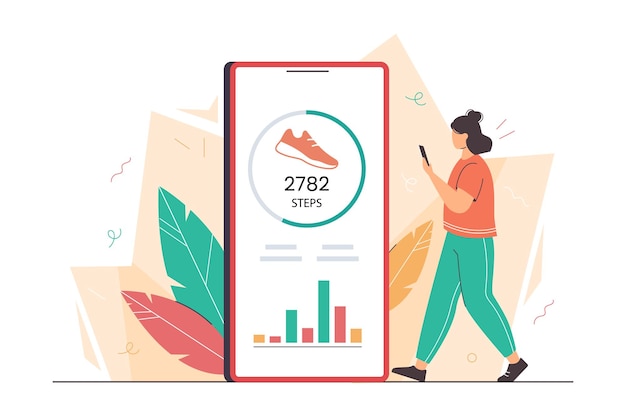 Free vector flat woman using smartphone with pedometer for counting steps