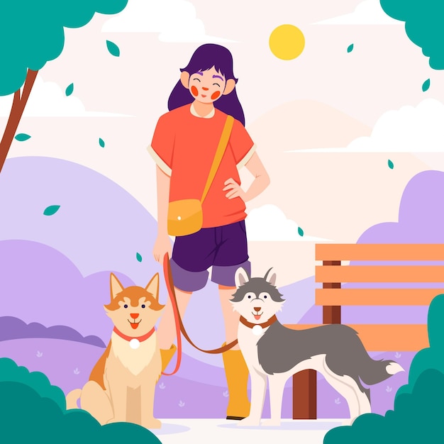 Flat woman with pets in park