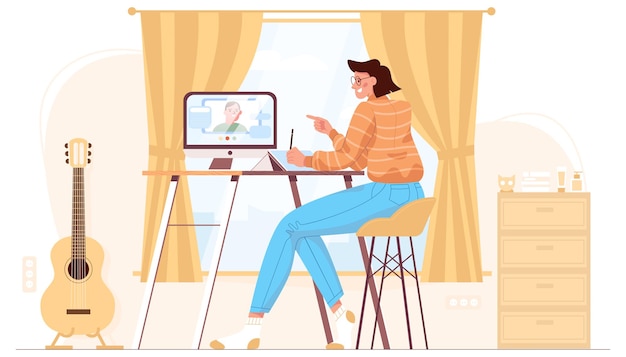 Flat woman work at home office, sitting in chair at the computer. Comfortable workplace for freelance, remote job, distant study. Employee conducting videoconference, online meeting with colleague.