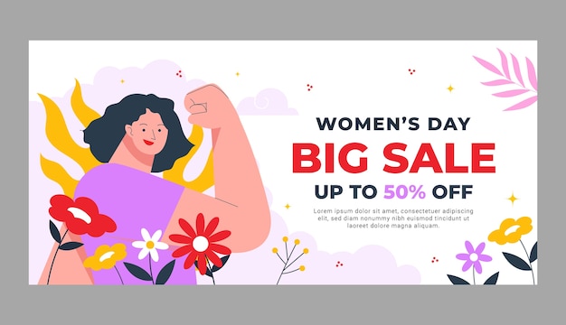 Flat women's day celebration horizontal sale banner template