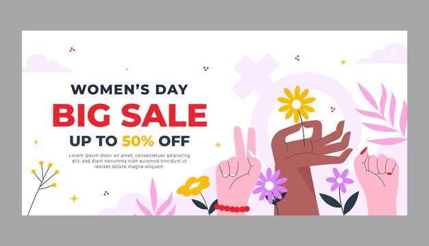 Flat women's day celebration horizontal sale banner template