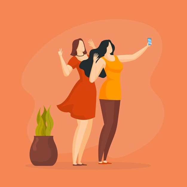 Flat women taking selfies with phone