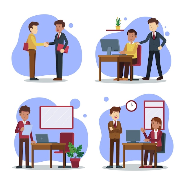 Flat working day scenes collection