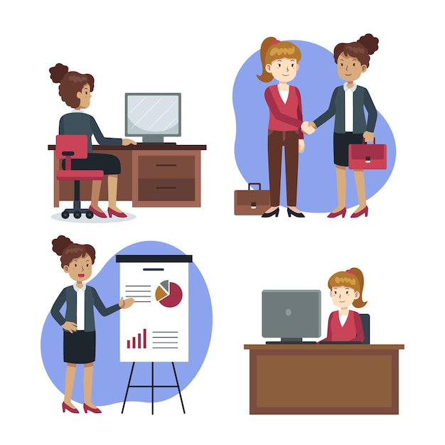 Flat working day scenes illustration