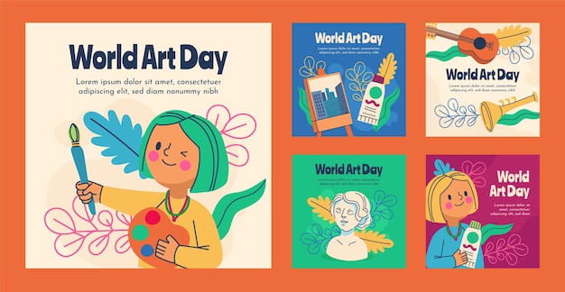 Free Vector flat world art day instagram posts collection